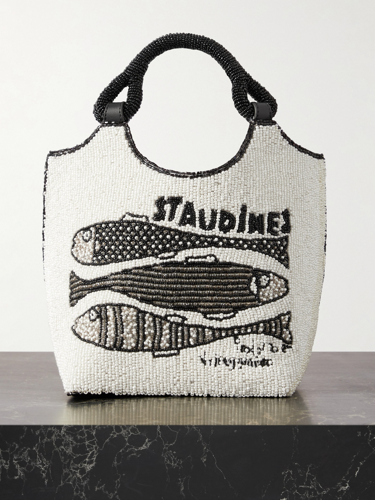 STAUD Cote Vegan Leather-trimmed Beaded Satin Tote