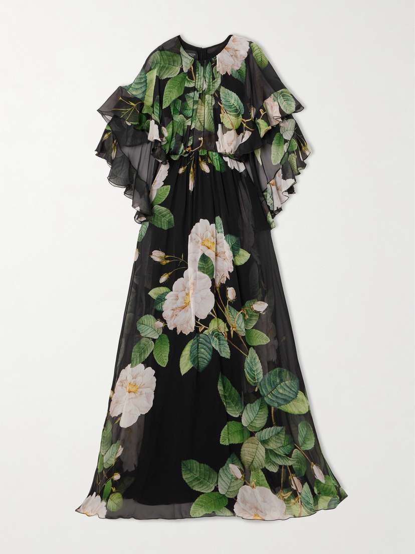 Giambattista Valli Cape-effect Pleated Ruffled Floral-print Silk-chiffon Gown