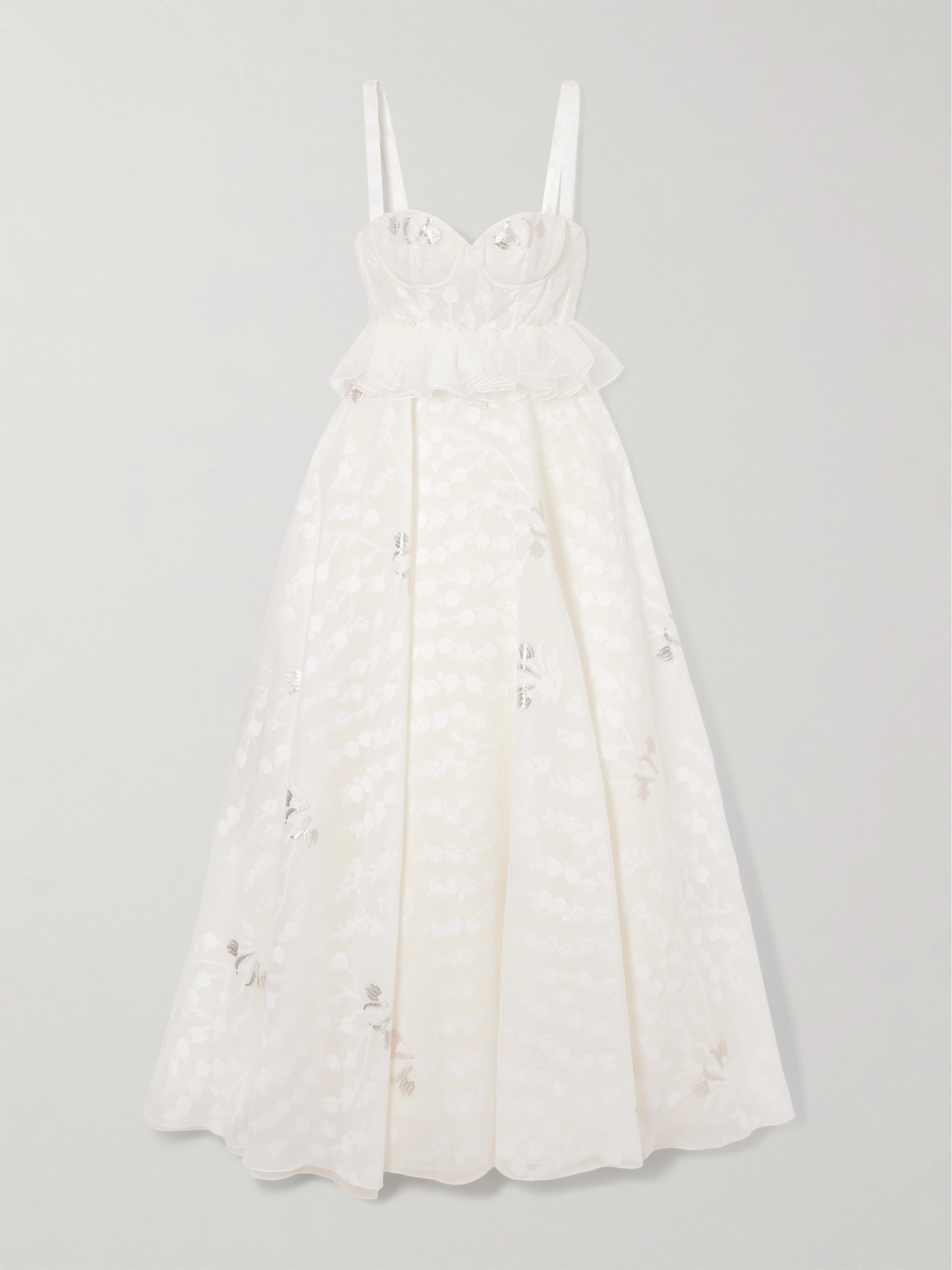 Giambattista Valli Ruffled Organza-trimmed Metallic Floral-jacquard Gown In Ivory