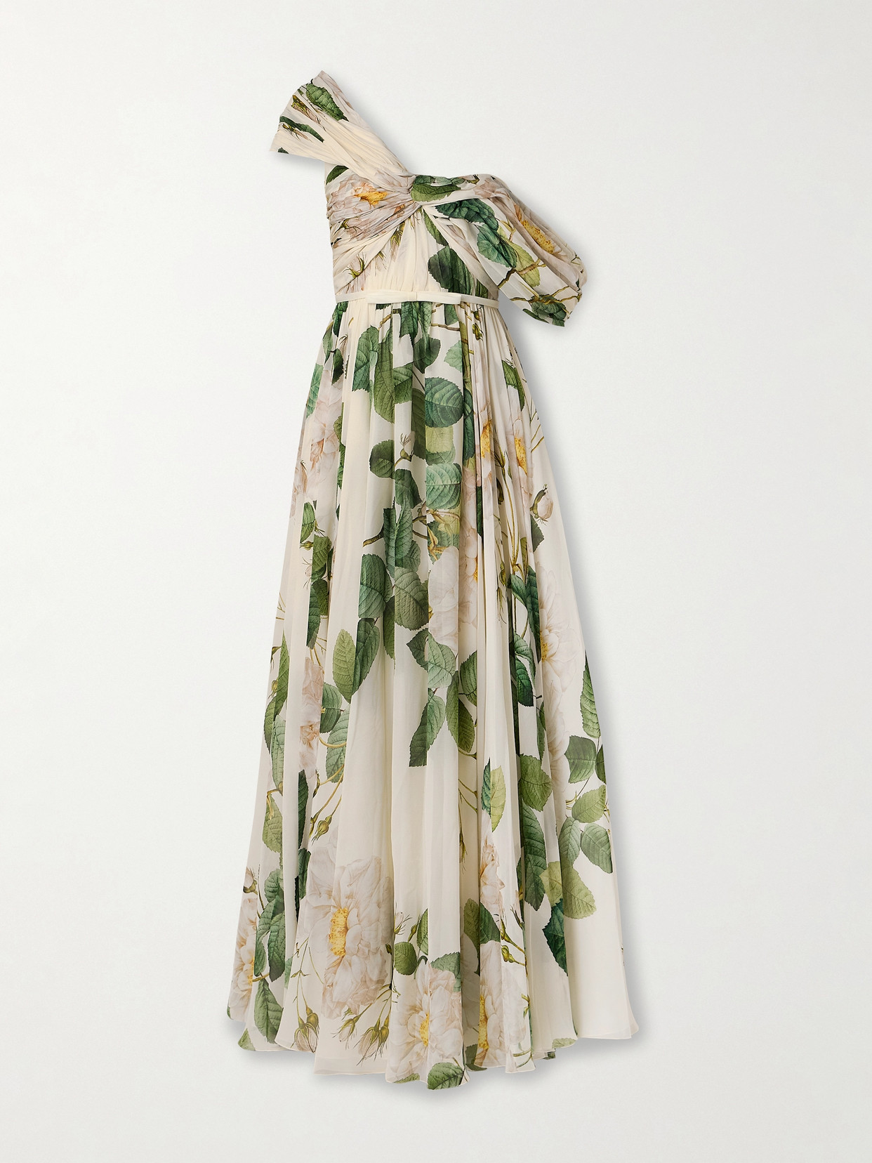 Giambattista Valli One-shoulder Twist-front Gathered Floral-print Silk-georgette Gown In Ivory/ Green