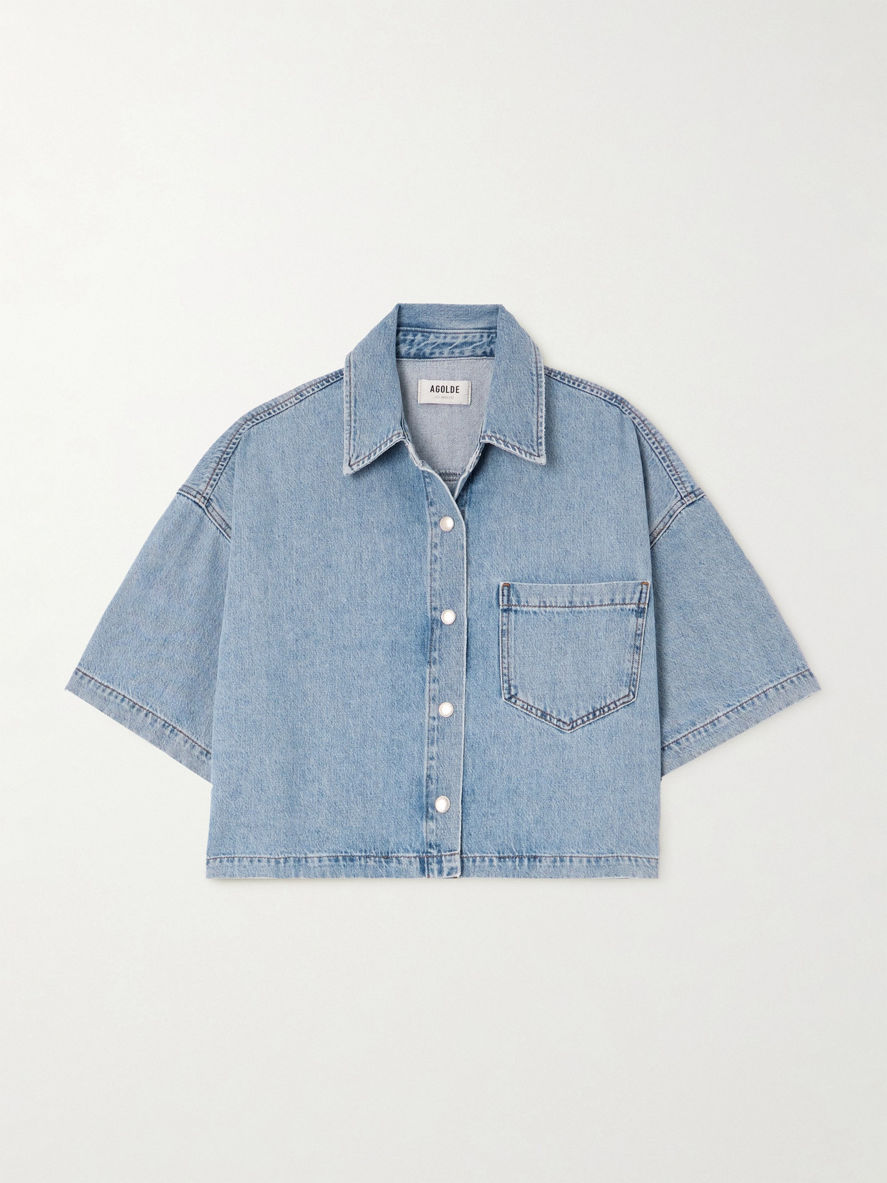 Shop Agolde Rona Cropped Denim Shirt In Blue