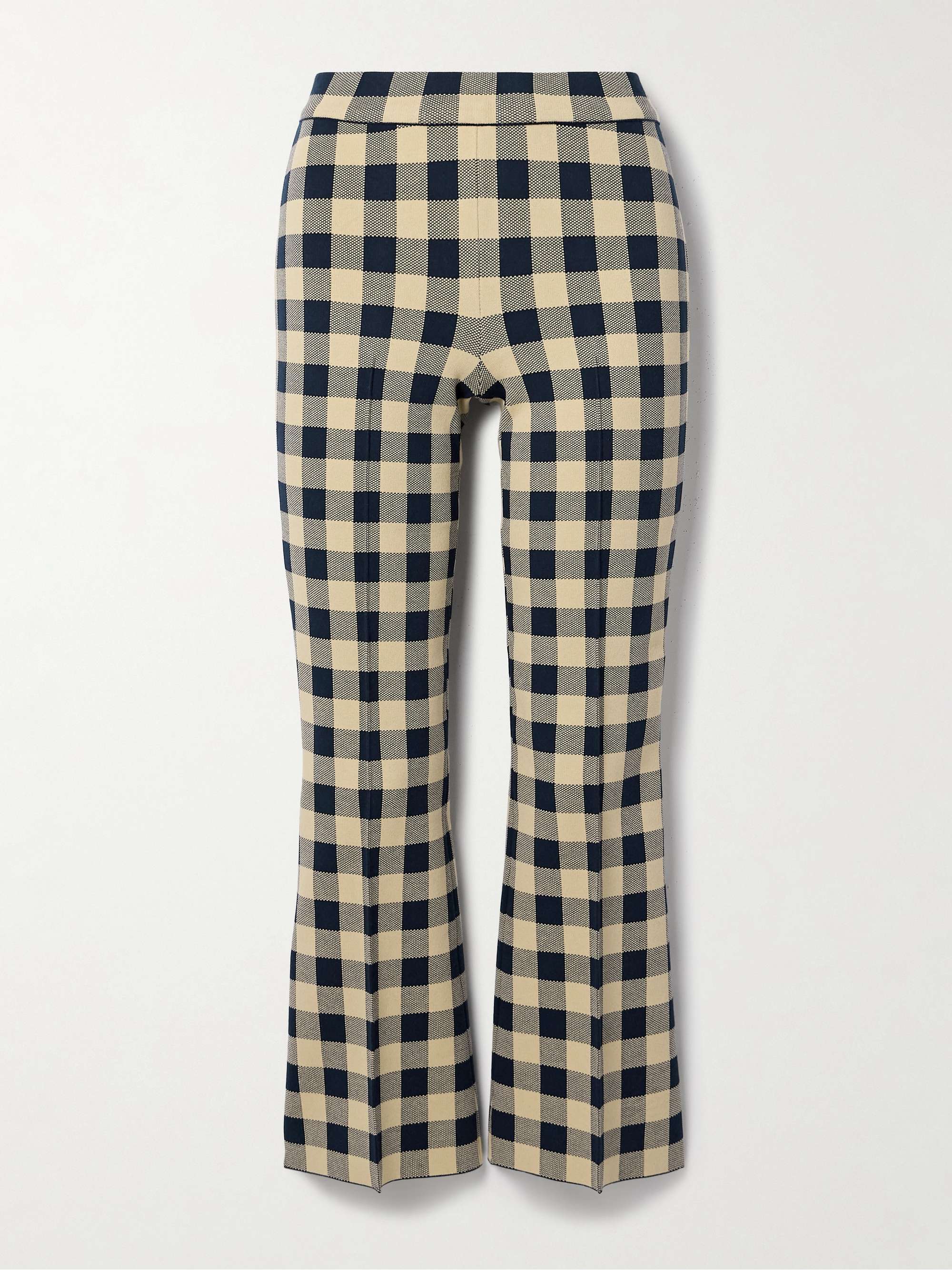 HIGH SPORT Kick cropped checked stretch cotton flared pants Women Navy Pants L