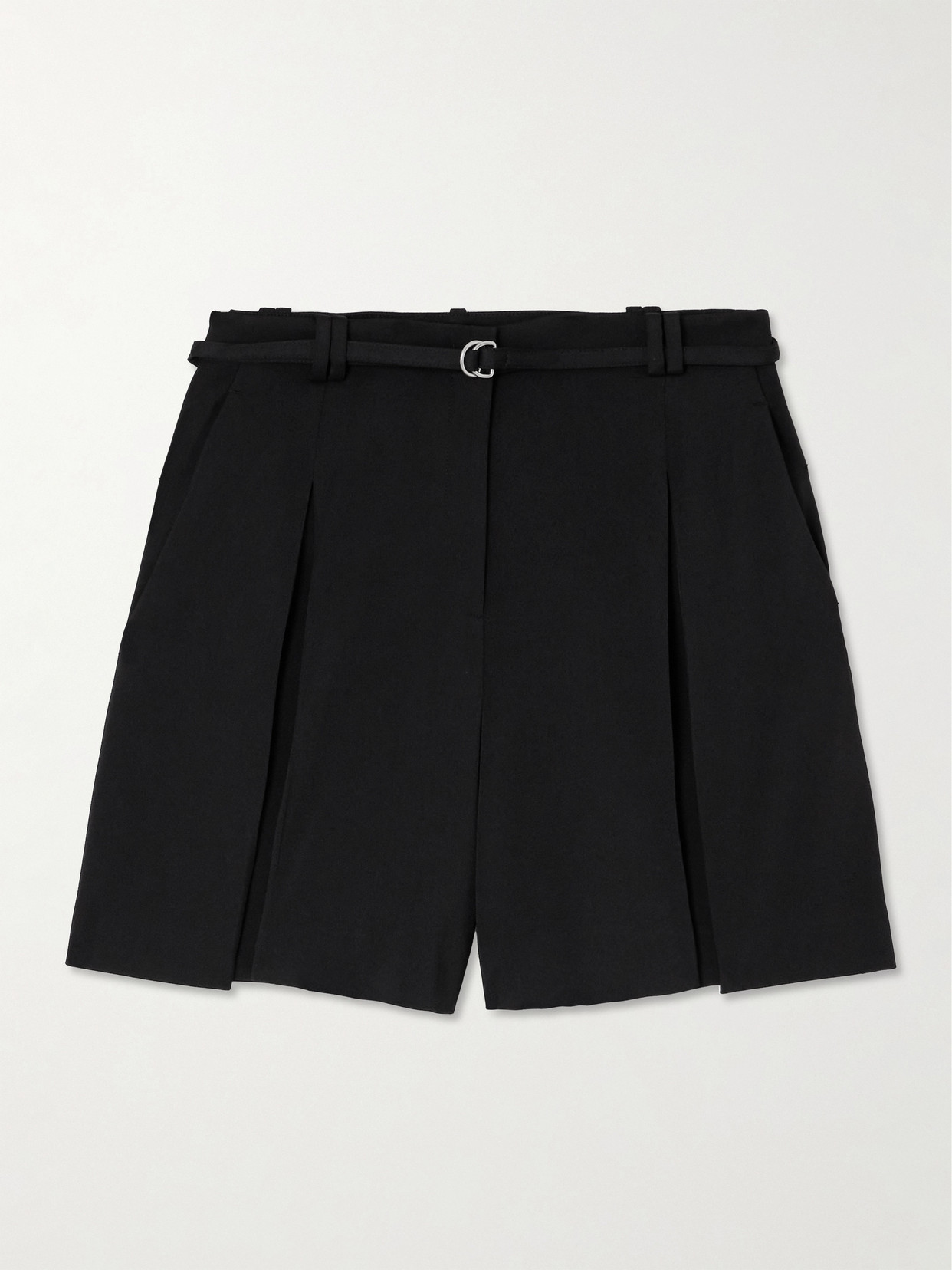 Another Tomorrow Belted Pleated Crepe Shorts In Black