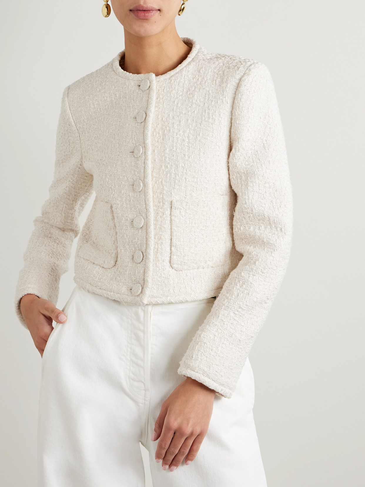 Shop Another Tomorrow + Net Sustain Cropped Organic Cotton-tweed Jacket In Cream