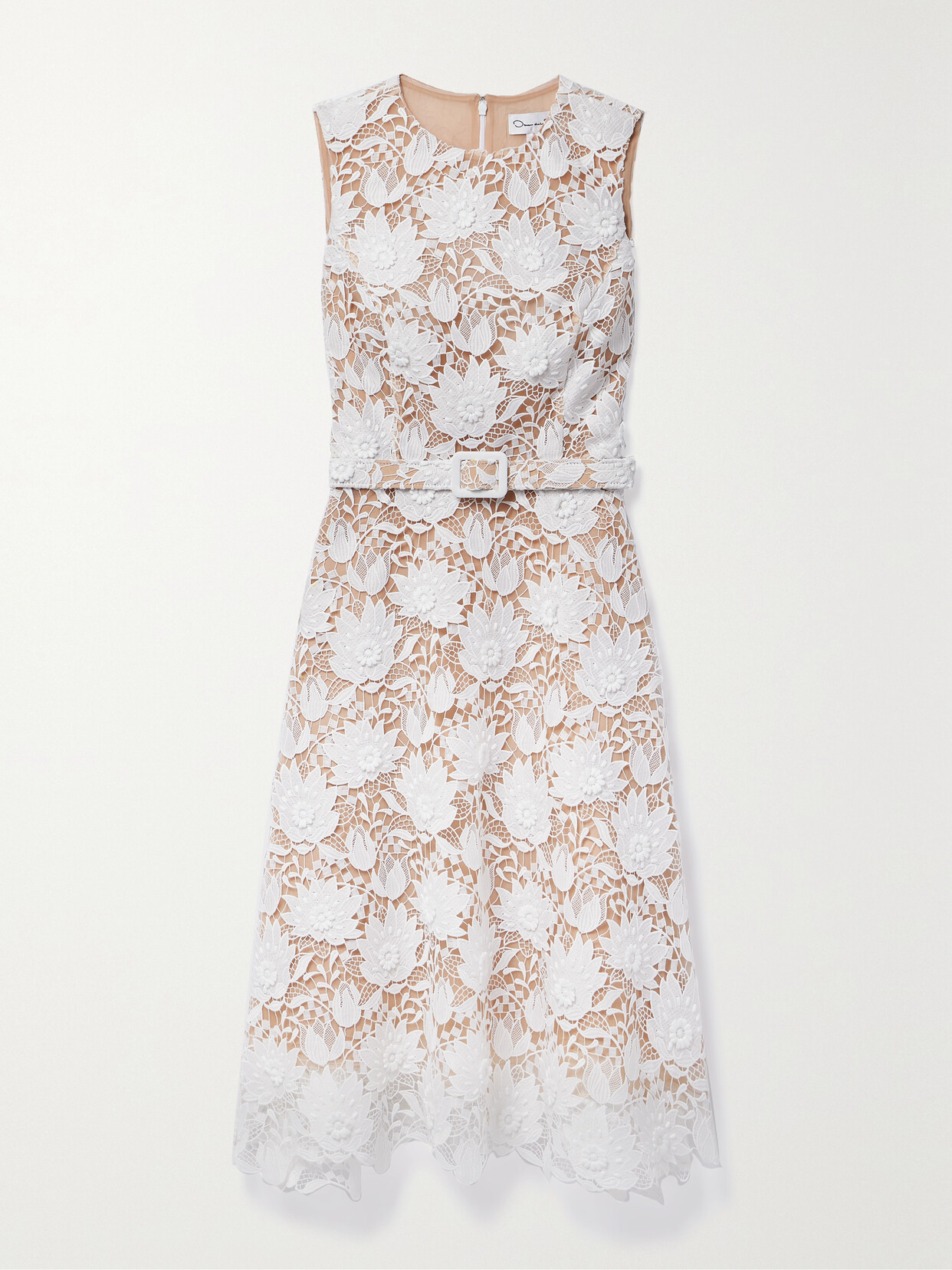 Oscar De La Renta Belted Guipure Lace Midi Dress In White