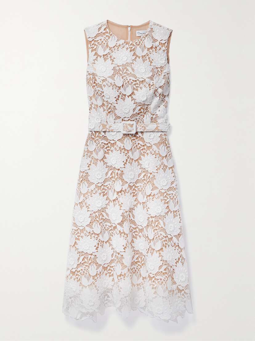 Oscar de la Renta Belted Guipure Lace Midi Dress