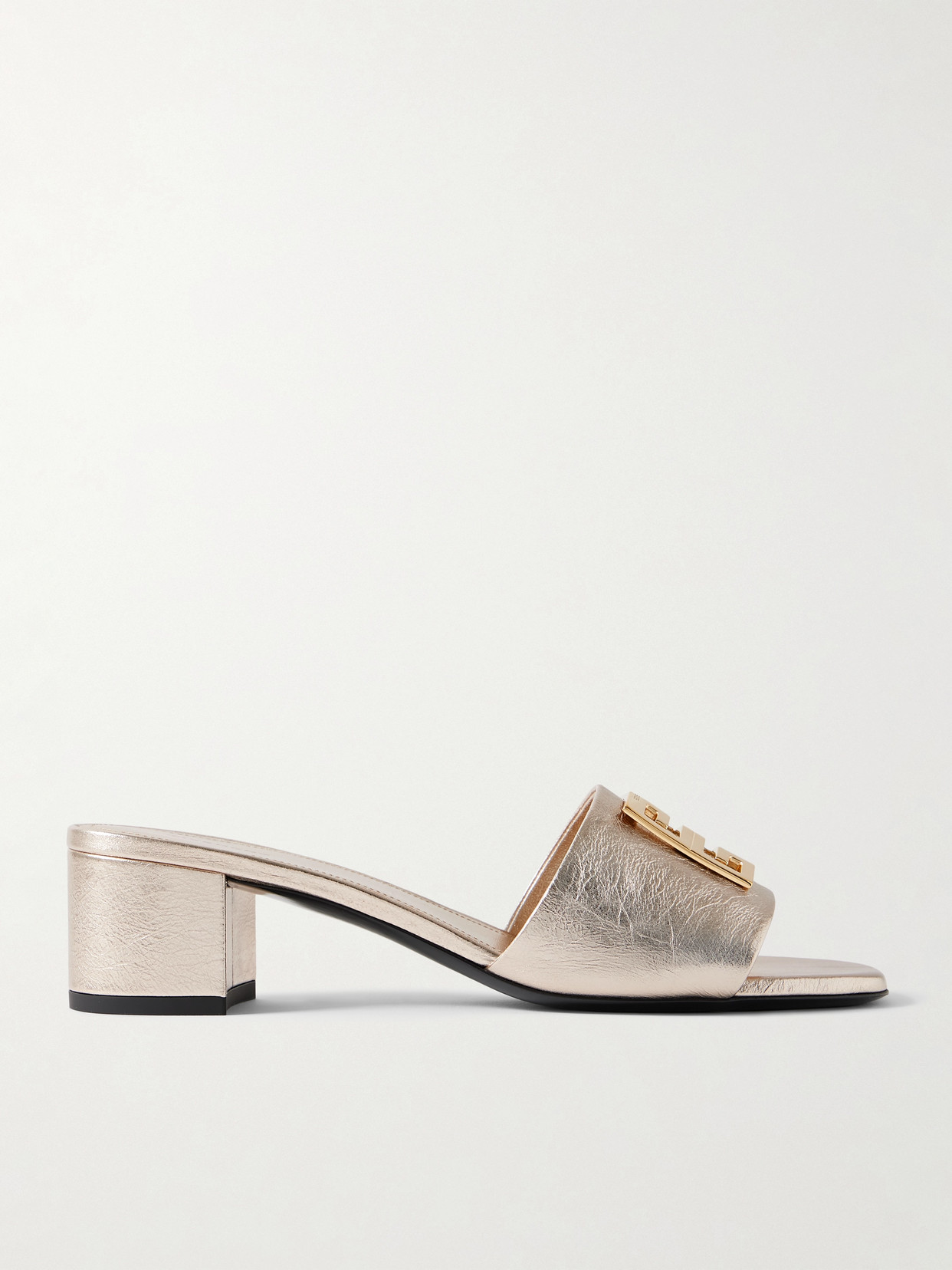 Shop Givenchy 4g Embellished Metallic Crinked-leather Mules In Gold