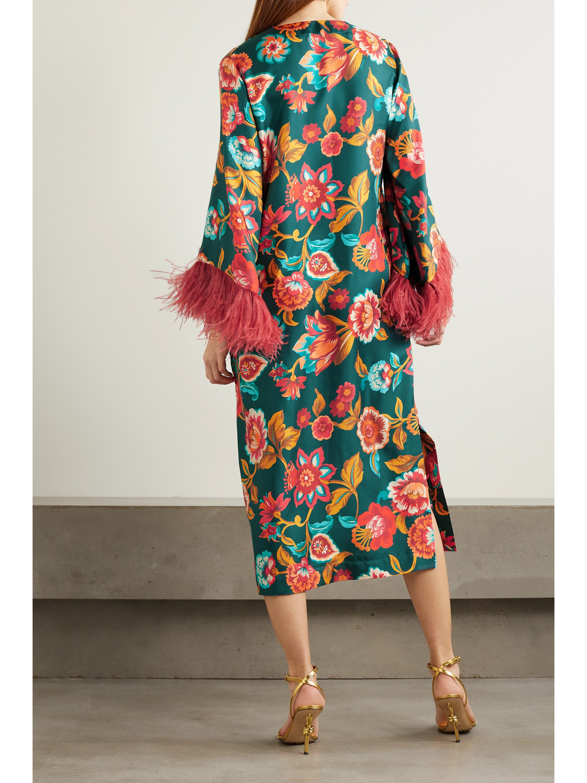 La DoubleJ Feather-trimmed floral-print silk-twill kaftan thumbnail