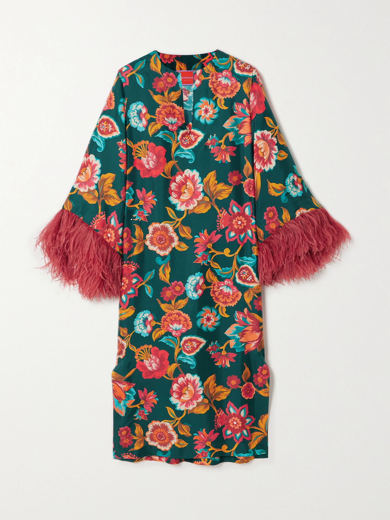 La Doublej Feather-trimmed Floral-print Silk-twill Kaftan In Multi