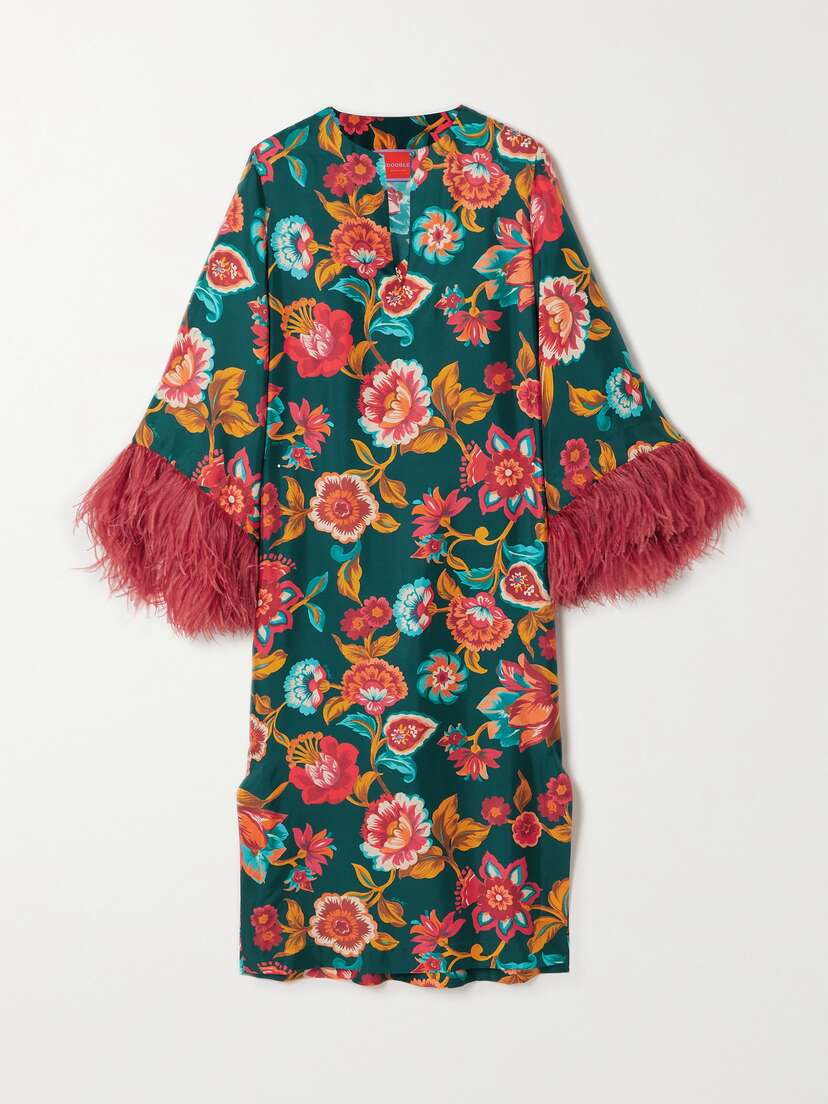 La DoubleJ Feather-trimmed Floral-print Silk-twill Kaftan