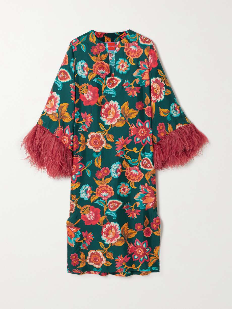feather-trimmed floral-print silk-twill kaftan