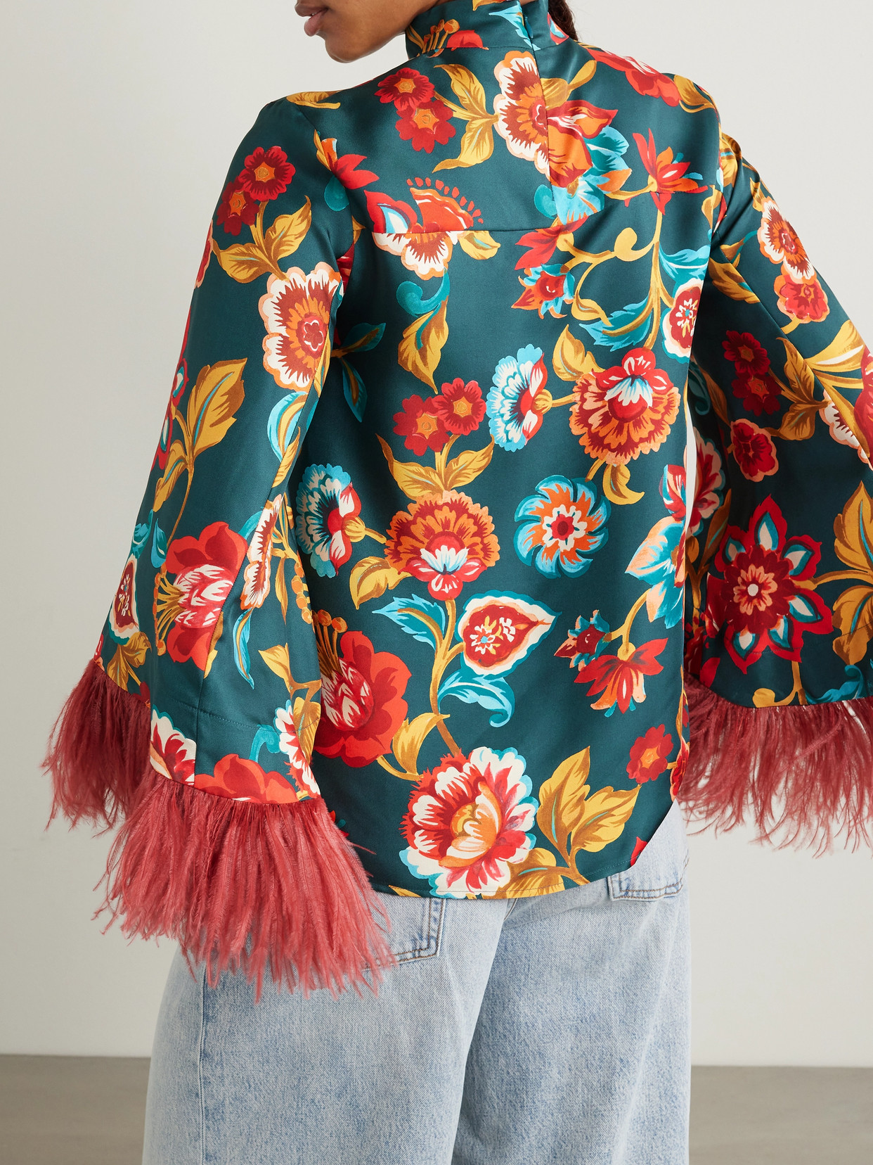 La Doublej Make An Exit Feather-trimmed Floral-print Silk-twill Top In Multi
