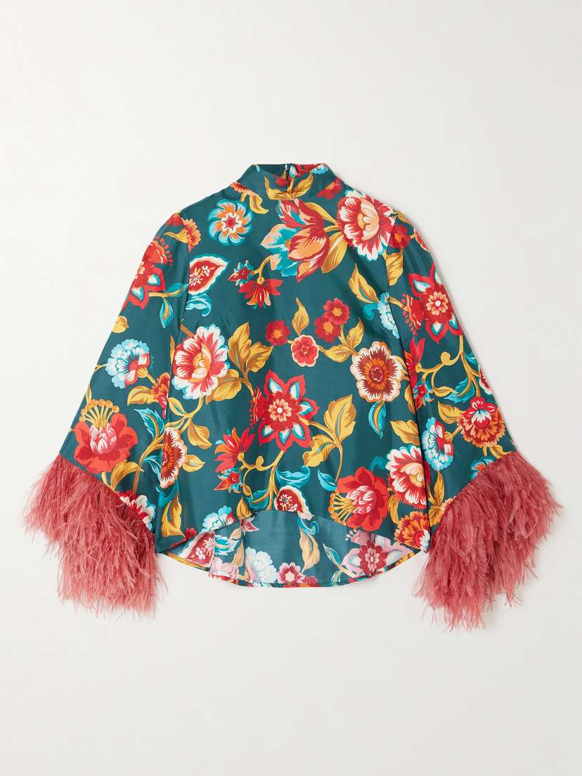 La DoubleJ Make An Exit Feather-trimmed Floral-print Silk-twill Top