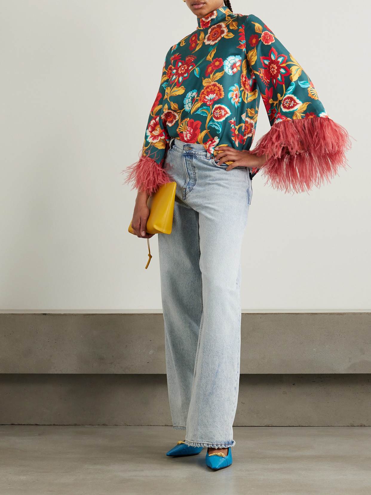 La Doublej Make An Exit Feather-trimmed Floral-print Silk-twill Top In Multi