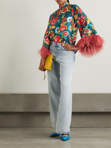La DoubleJ Make An Exit feather-trimmed floral-print silk-twill top