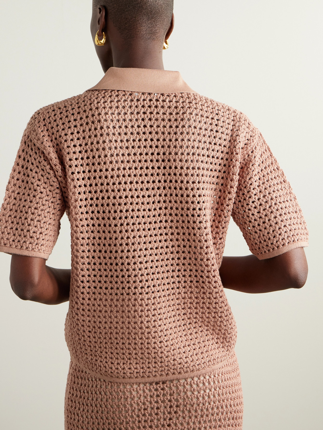 Sequin-Emhellished Open-Knit Cotton-Blend Polo Top