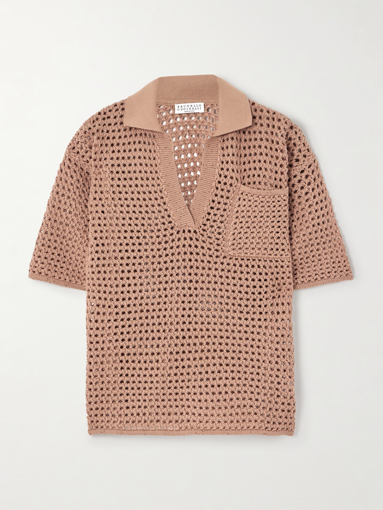 Brunello Cucinelli Sequin-emhellished Open-knit Cotton-blend Polo Top In Orange