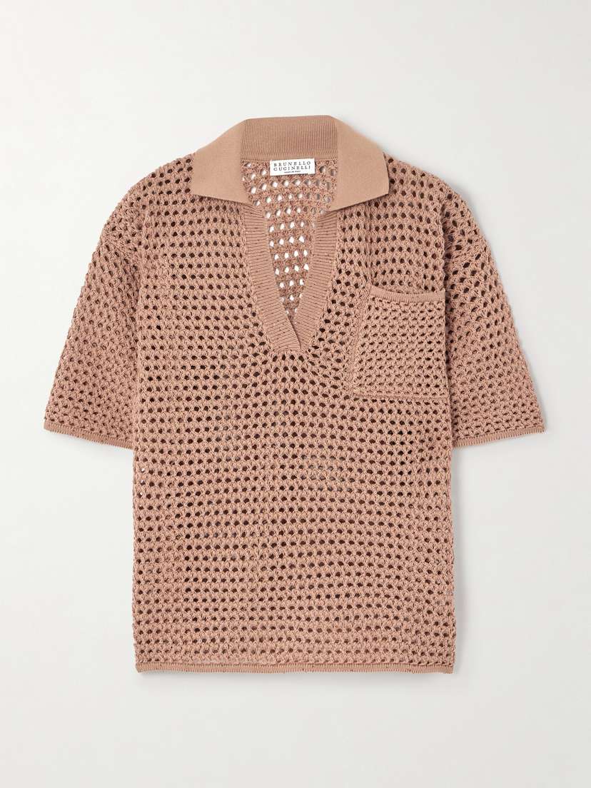 Brunello Cucinelli Sequin-emhellished Open-knit Cotton-blend Polo Top