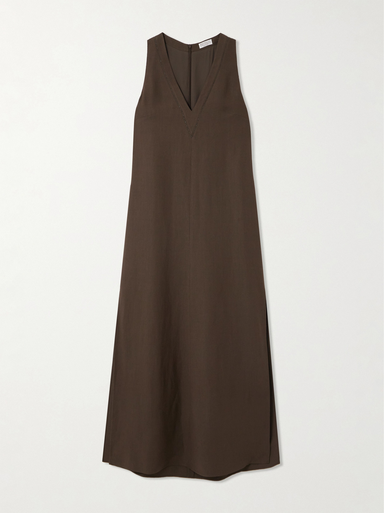 Brunello Cucinelli Bead-embellished Twill Midi Dress In Brown