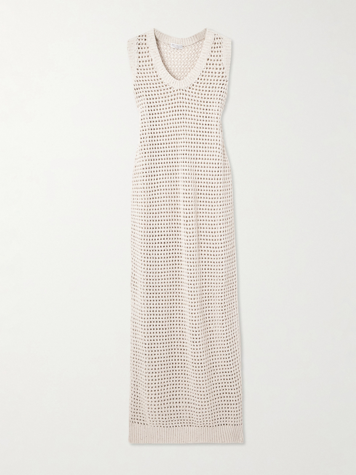 Brunello Cucinelli Sequin-embellished Open-knit Cotton-blend Midi Dress In Neutrals