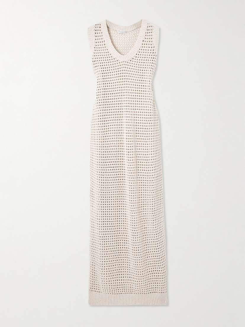 Brunello Cucinelli Sequin-embellished Open-knit Cotton-blend Midi Dress