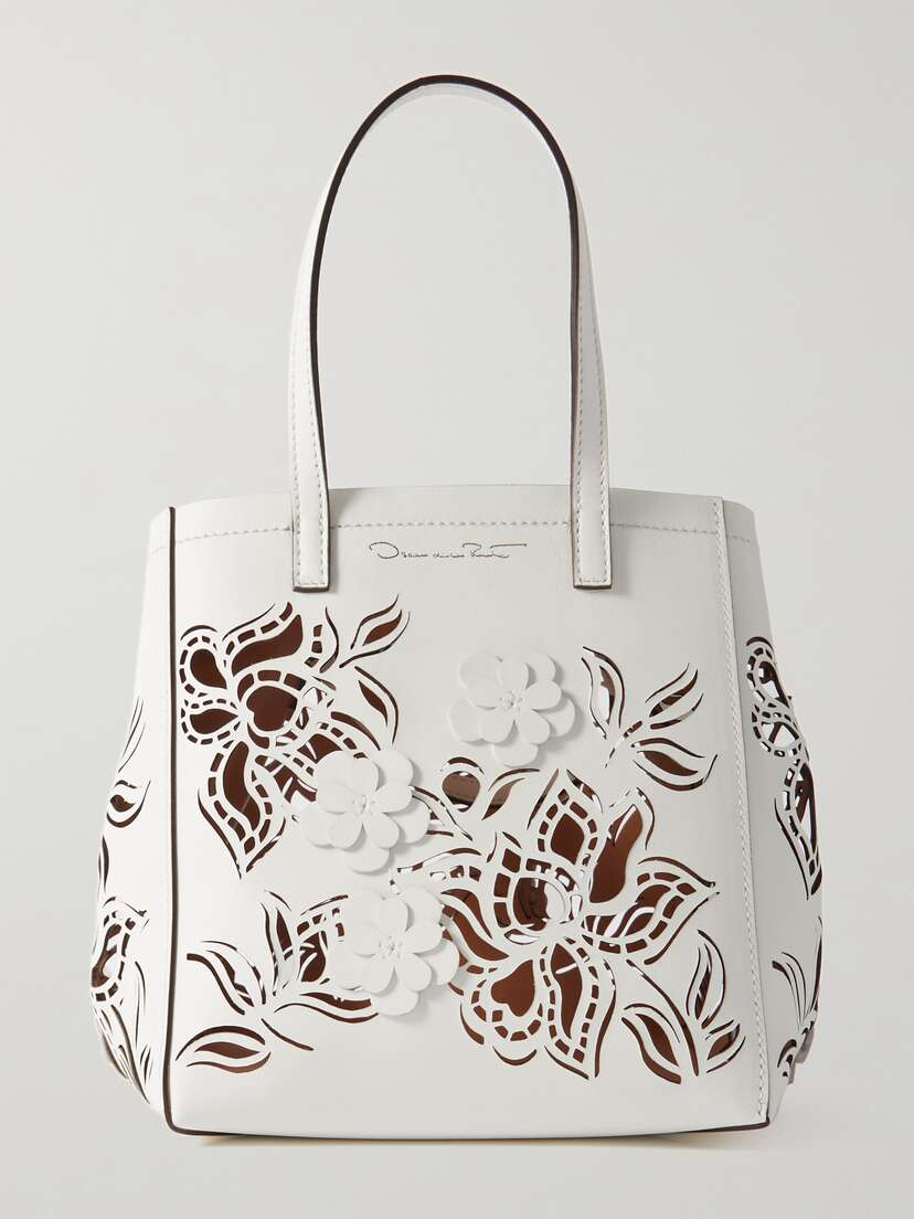 Oscar de la Renta Small Appliquéd Laser-cut Leather Tote