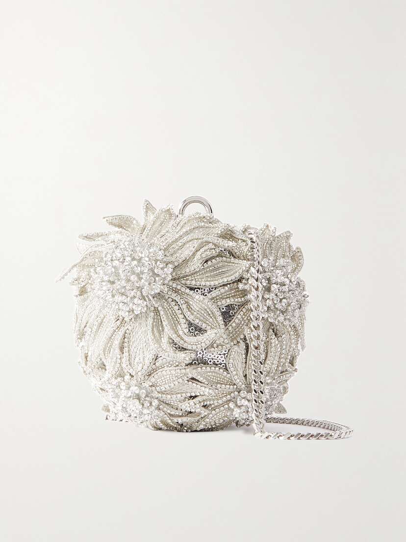 Oscar de la Renta Billiard Crystal-embellished Sequined Silver-tone Shoulder Bag