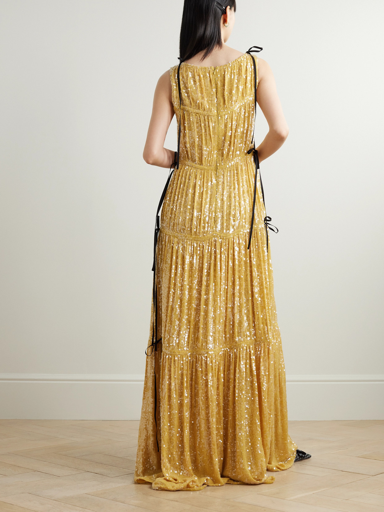 Shop Erdem Tie-detailed Tiered Sequined Crepe De Chine Gown In Gold