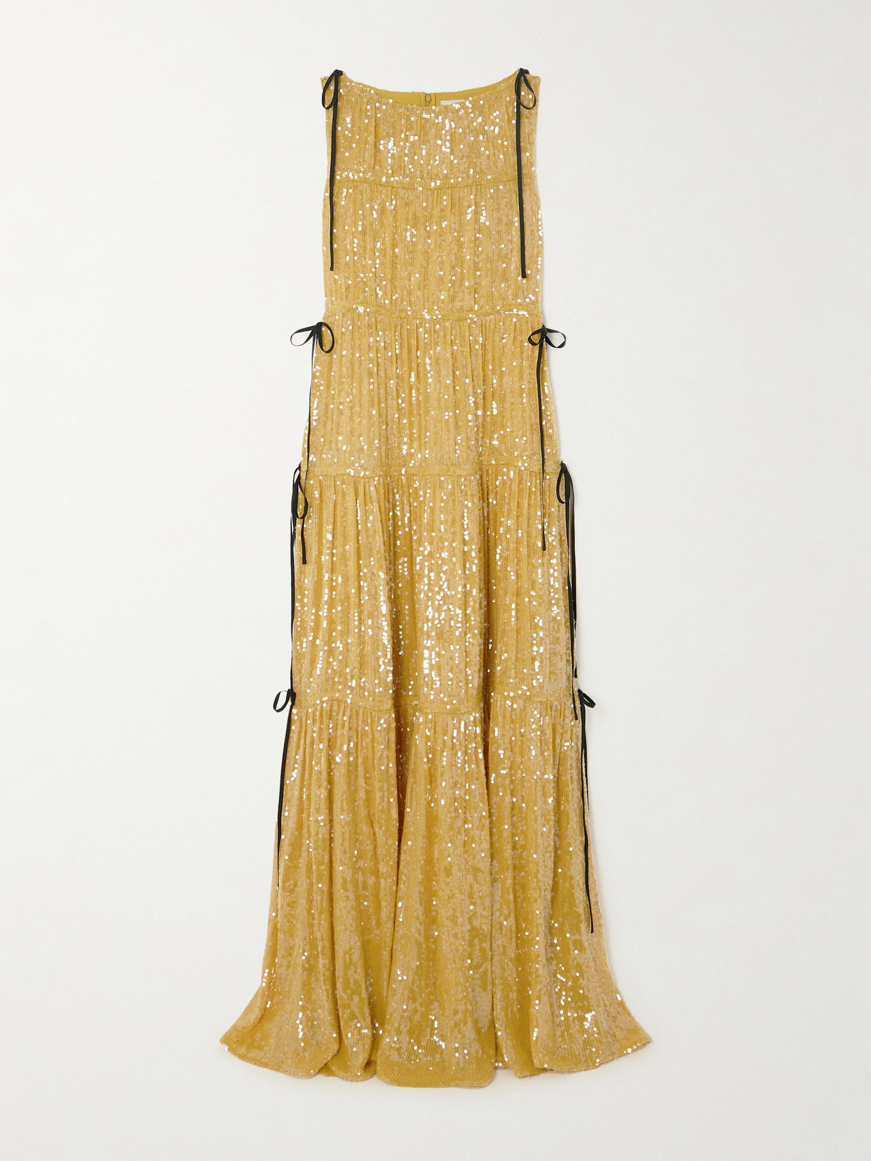 Erdem Tie-detailed Tiered Sequined Crepe De Chine Gown In Gold