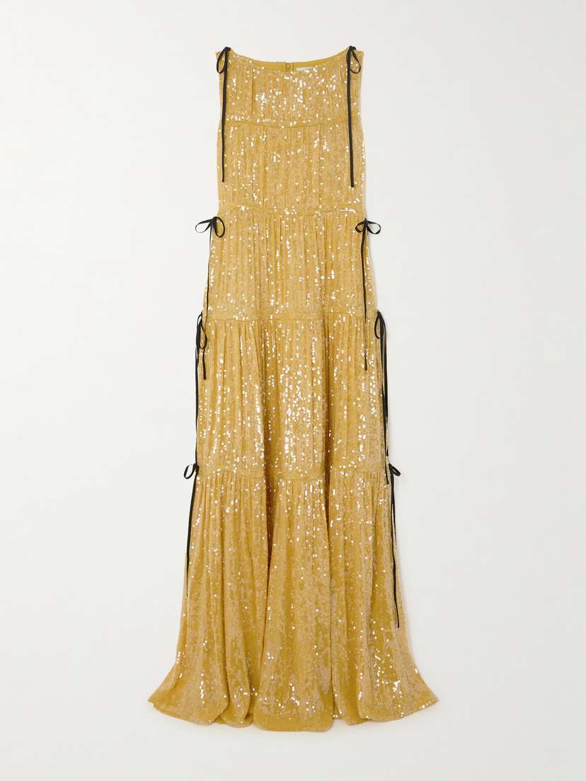 Erdem Tie-detailed Tiered Sequined Crepe De Chine Gown