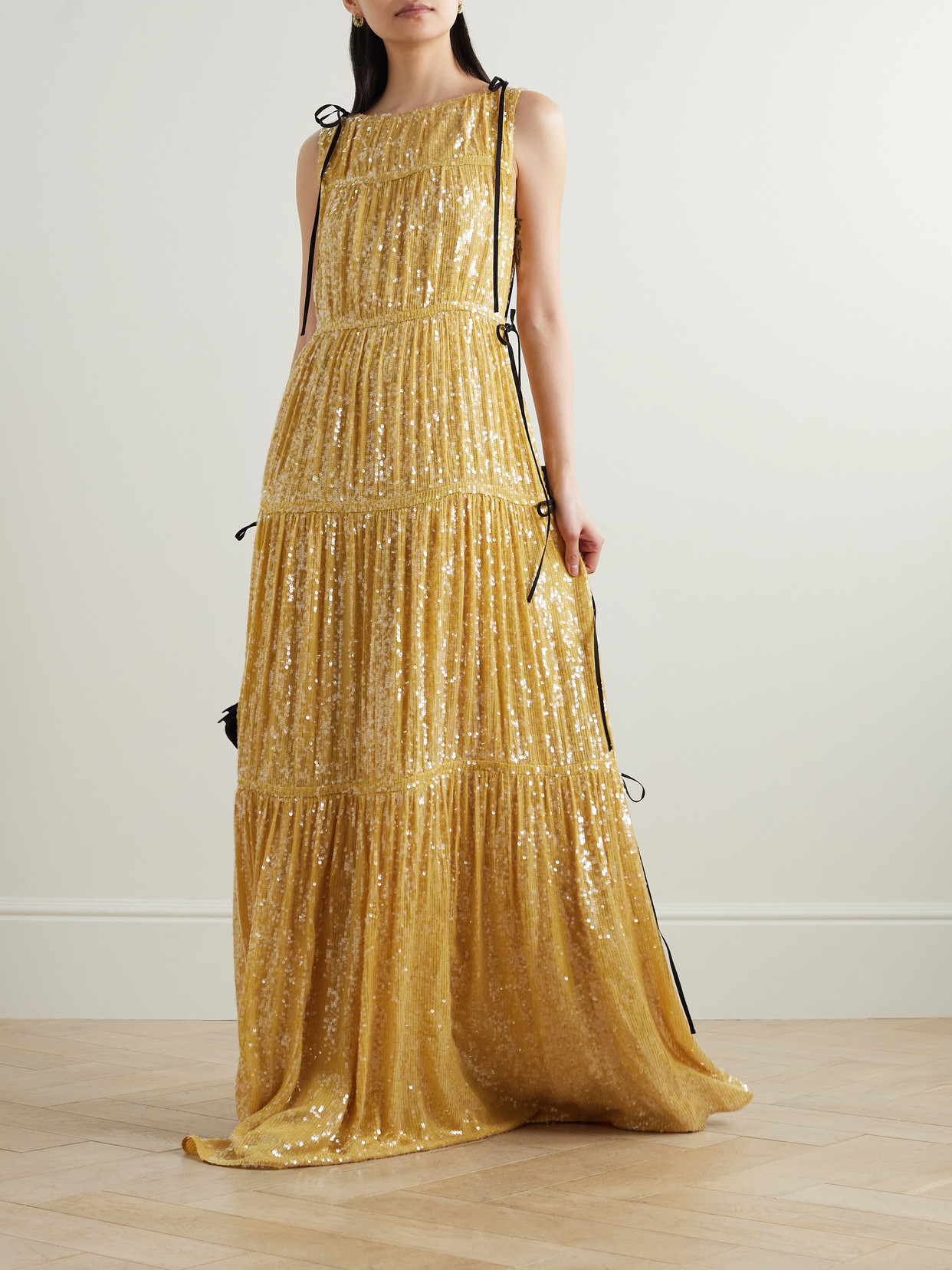 Shop Erdem Tie-detailed Tiered Sequined Crepe De Chine Gown In Gold