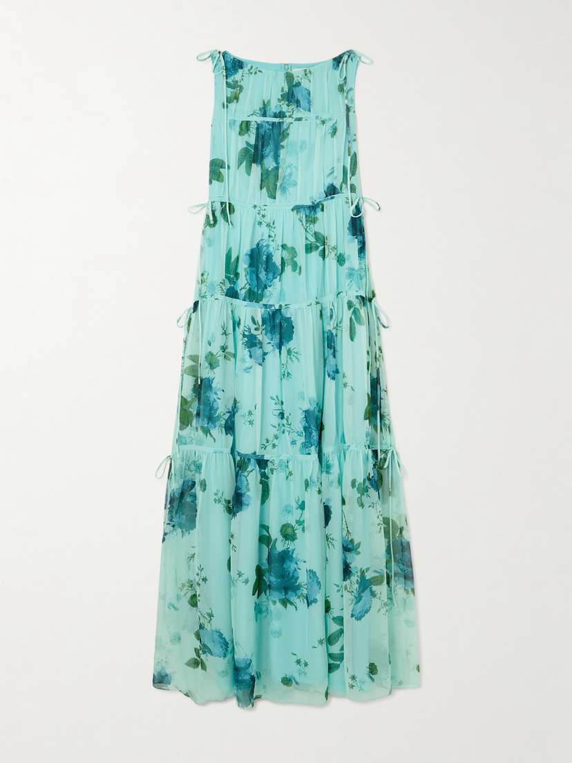 Erdem Tie-detailed Tiered Floral-print Silk Crepe De Chine Maxi Dress