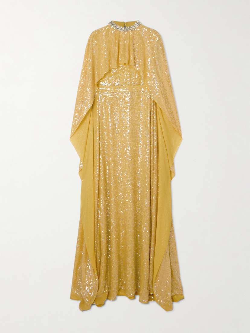 Erdem Cape-effect Crystal-embellished Sequined Crepe De Chine Gown