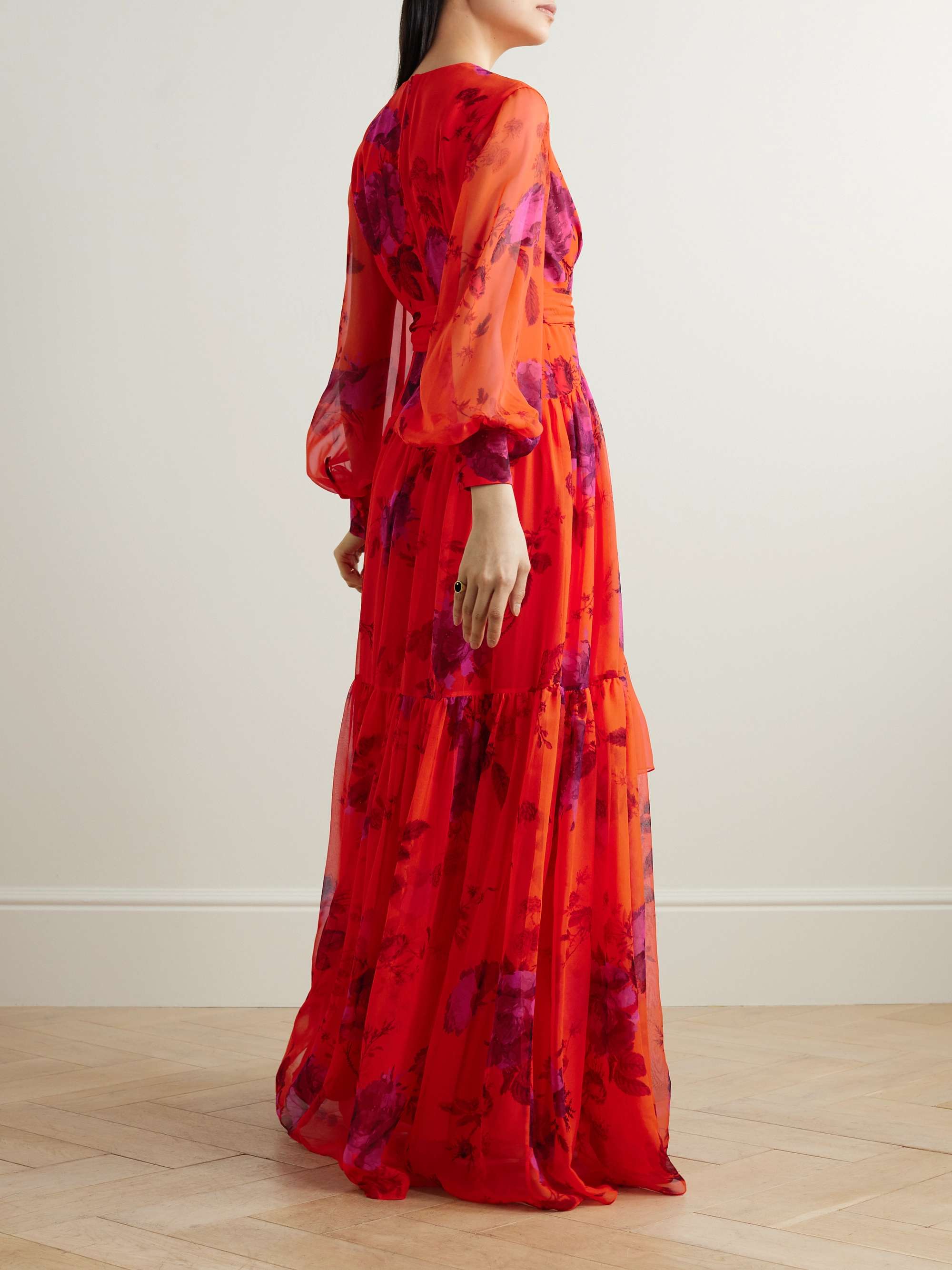 ERDEM Belted floral-print tiered silk-chiffon maxi dress ERDEM Belted floral-print tiered silk-chiffon maxi dress