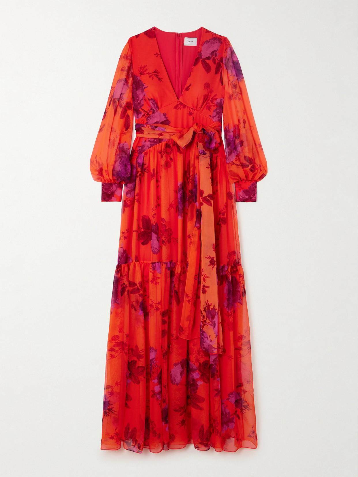 Shop Erdem Belted Floral-print Tiered Silk-chiffon Maxi Dress In Red