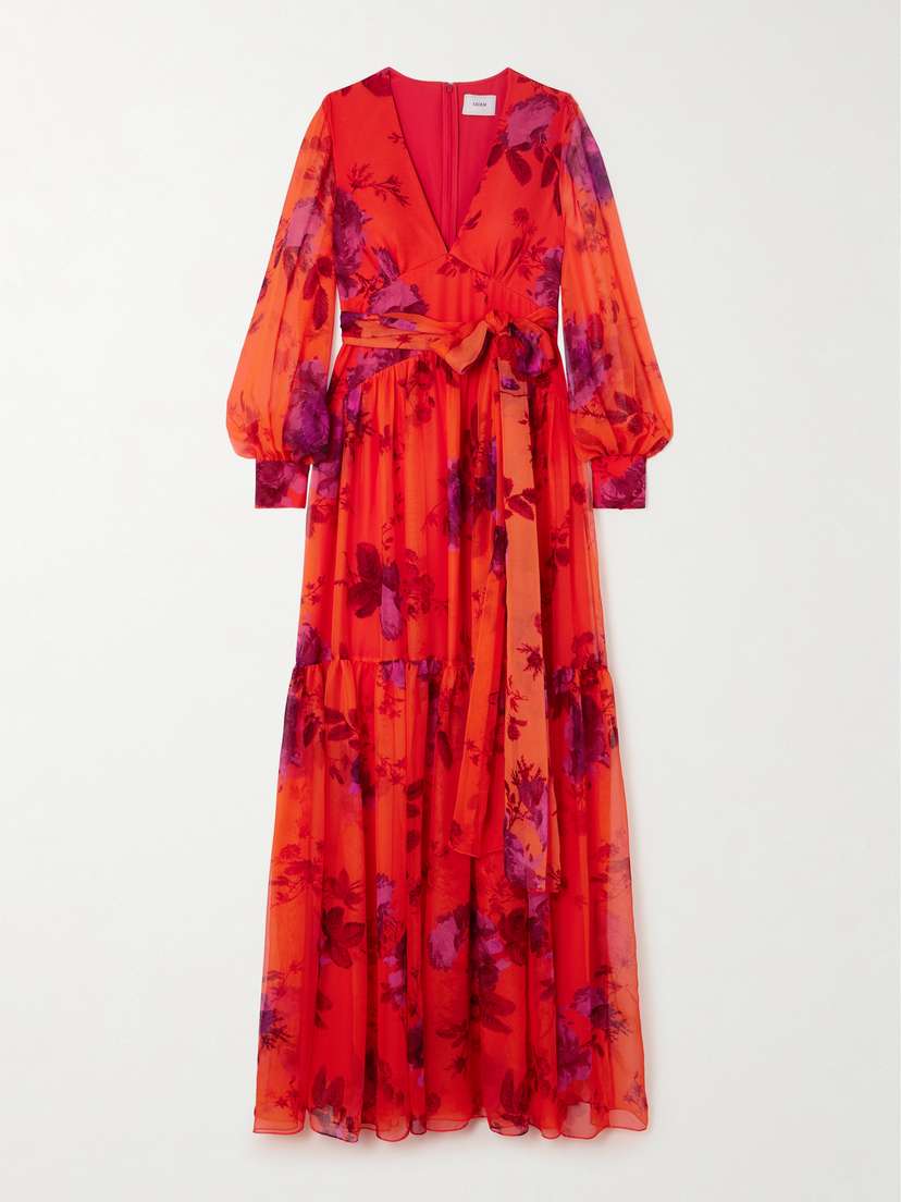 Erdem Belted Floral-print Tiered Silk-chiffon Maxi Dress