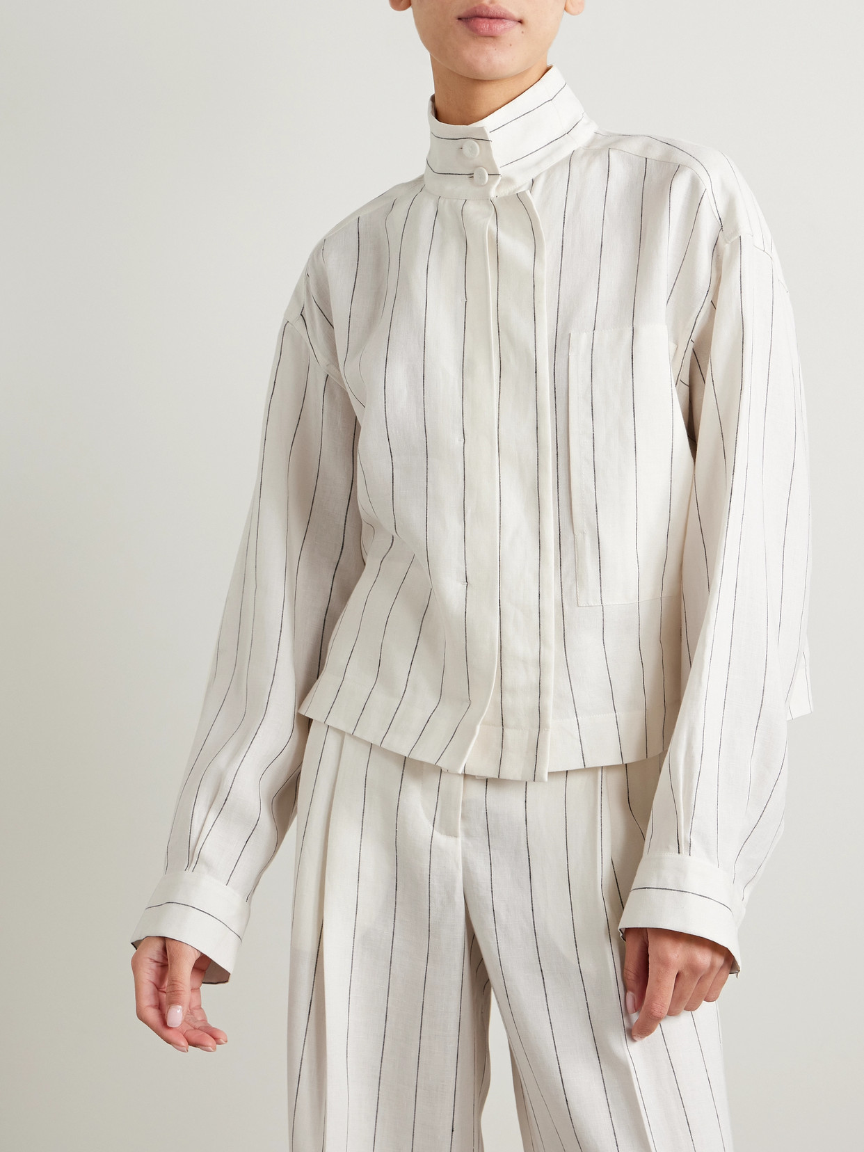 Shop Another Tomorrow + Net Sustain Pinstriped Linen Shirt In White