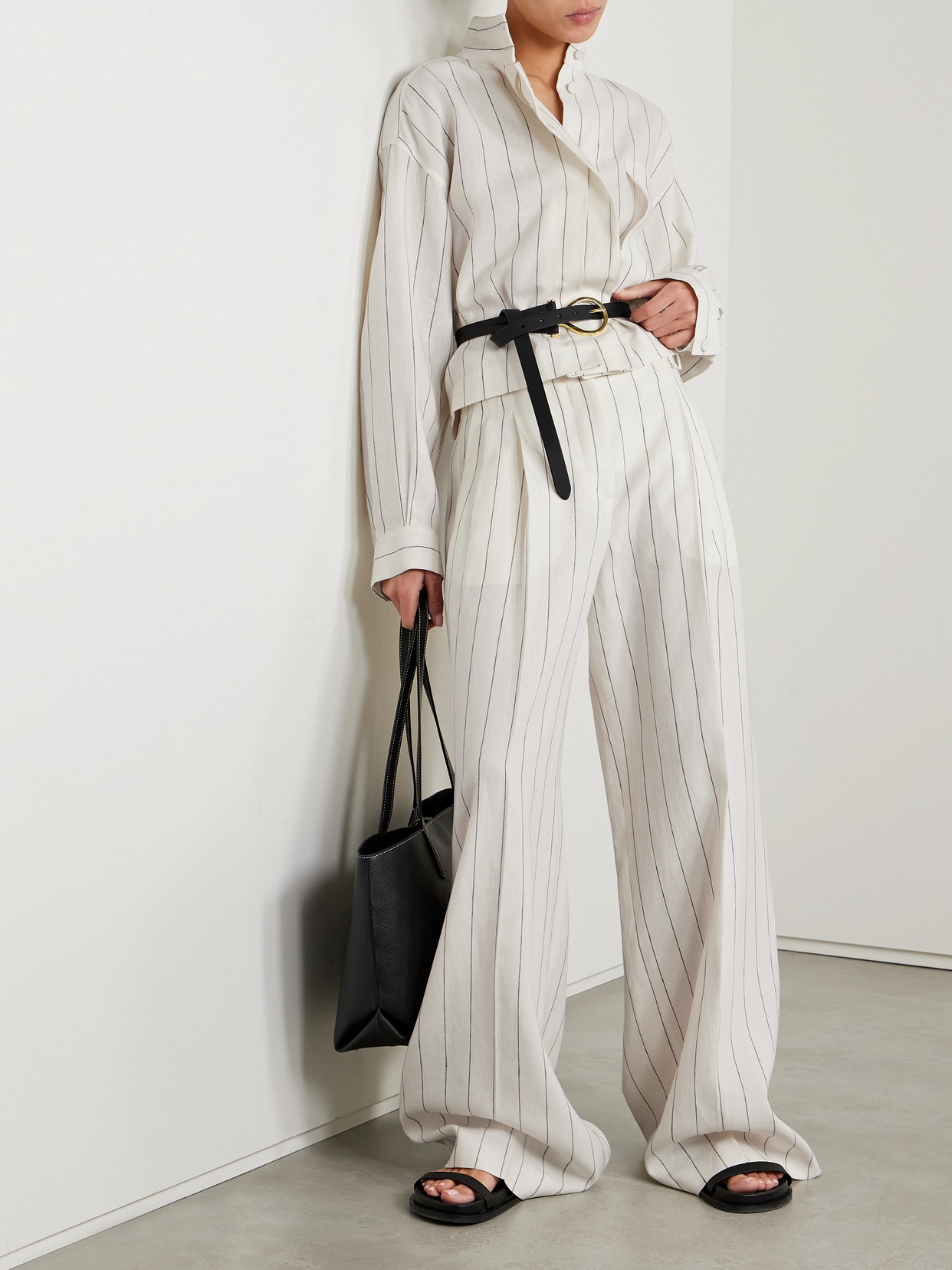 Shop Another Tomorrow + Net Sustain Pinstriped Linen Shirt In White