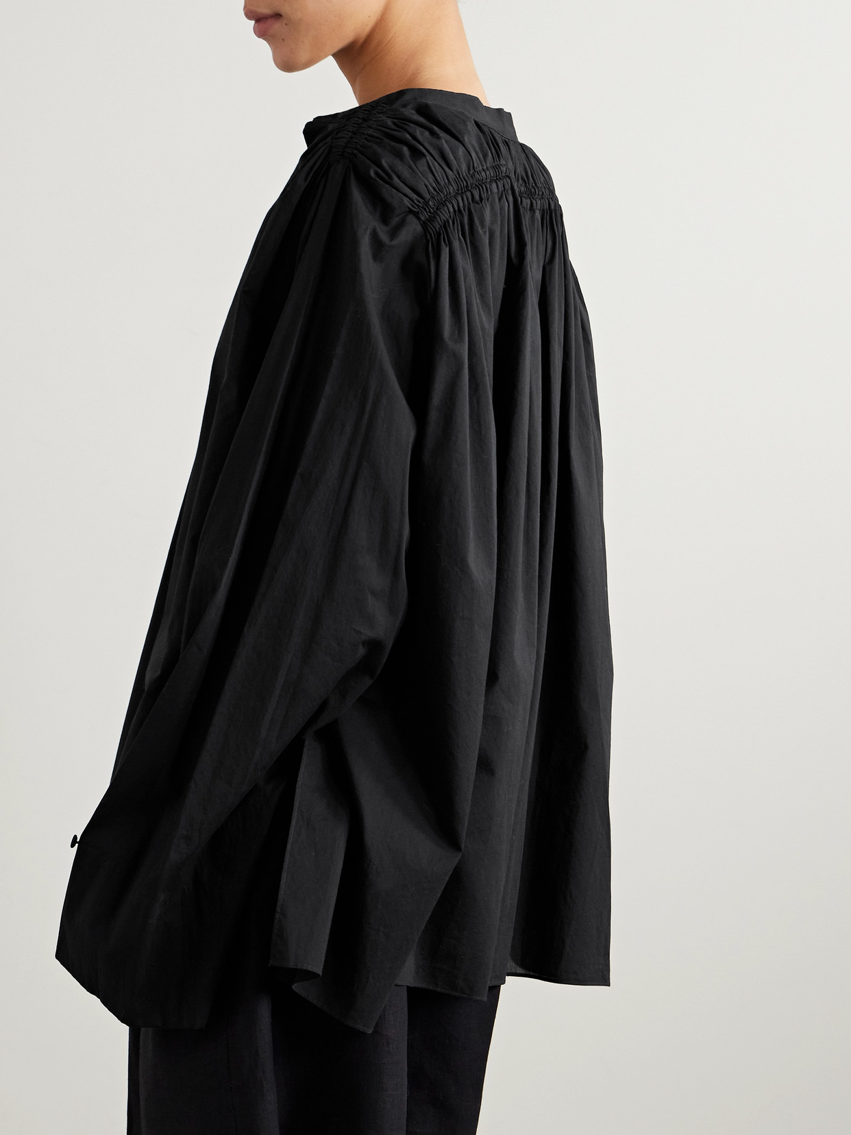 Another Tomorrow + Net Sustain Gathered Organic Cotton-voile Shirt In Black