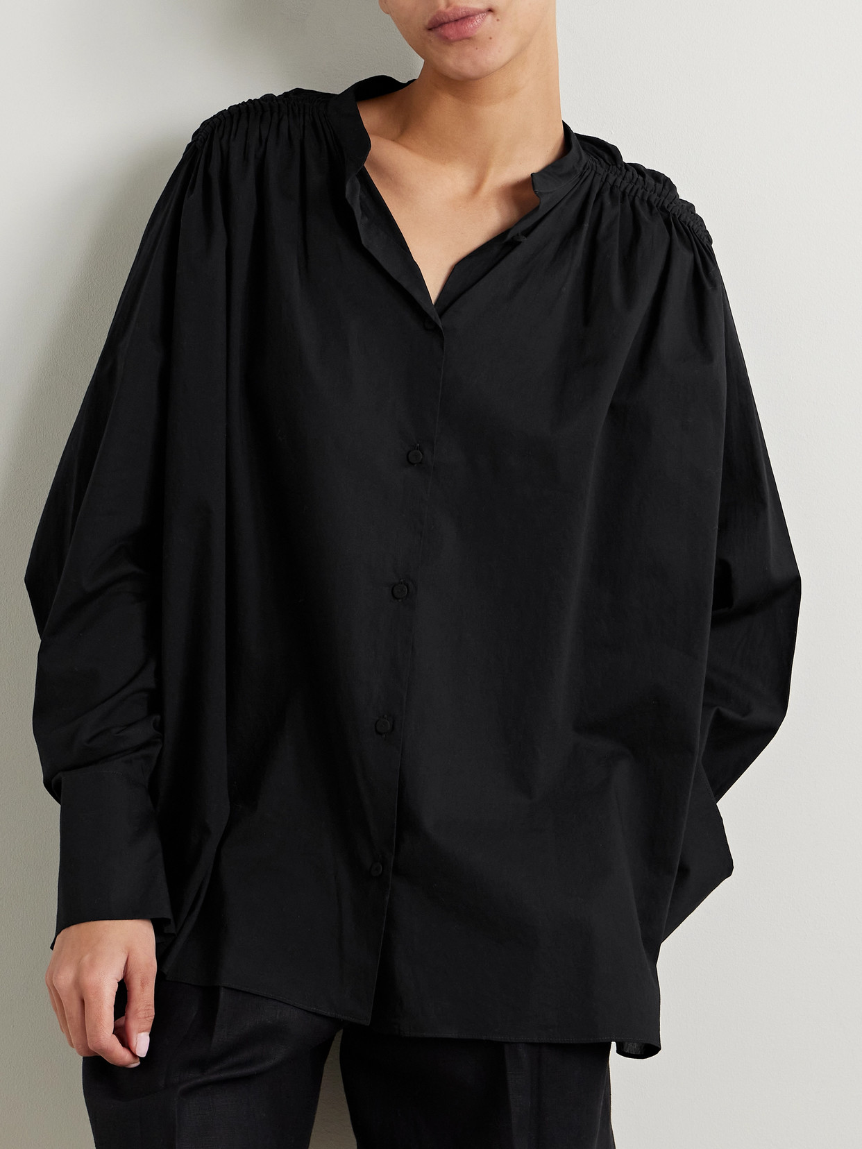 Another Tomorrow + Net Sustain Gathered Organic Cotton-voile Shirt In Black