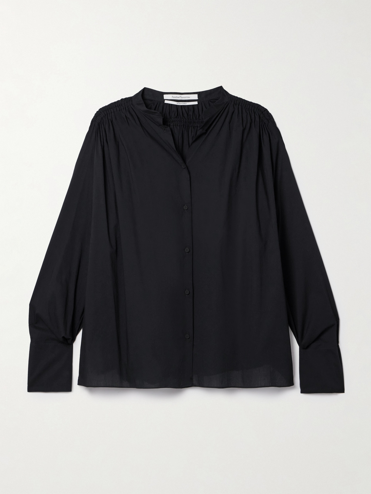 Another Tomorrow + Net Sustain Gathered Organic Cotton-voile Shirt In Black