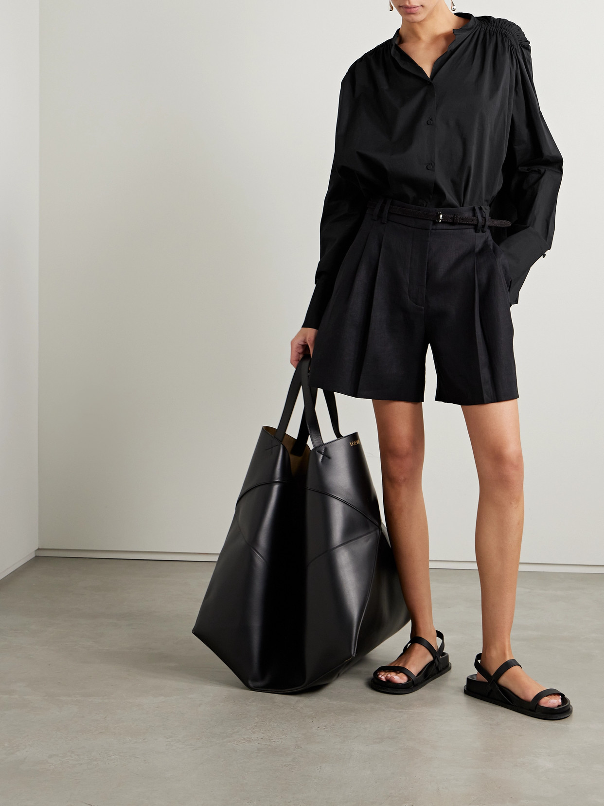 Another Tomorrow + Net Sustain Gathered Organic Cotton-voile Shirt In Black