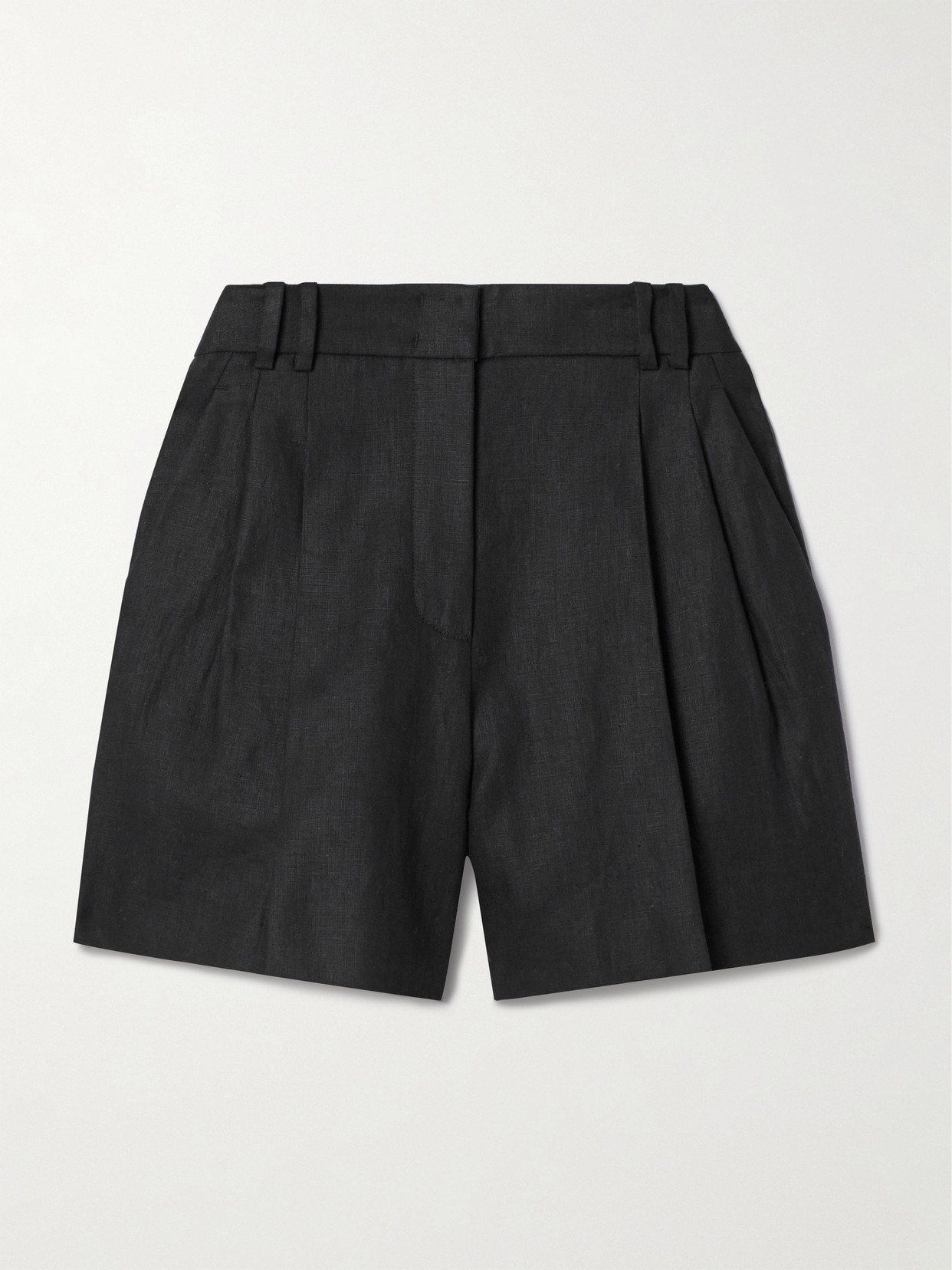 Another Tomorrow - + Net Sustain Pleated Linen Shorts - Black