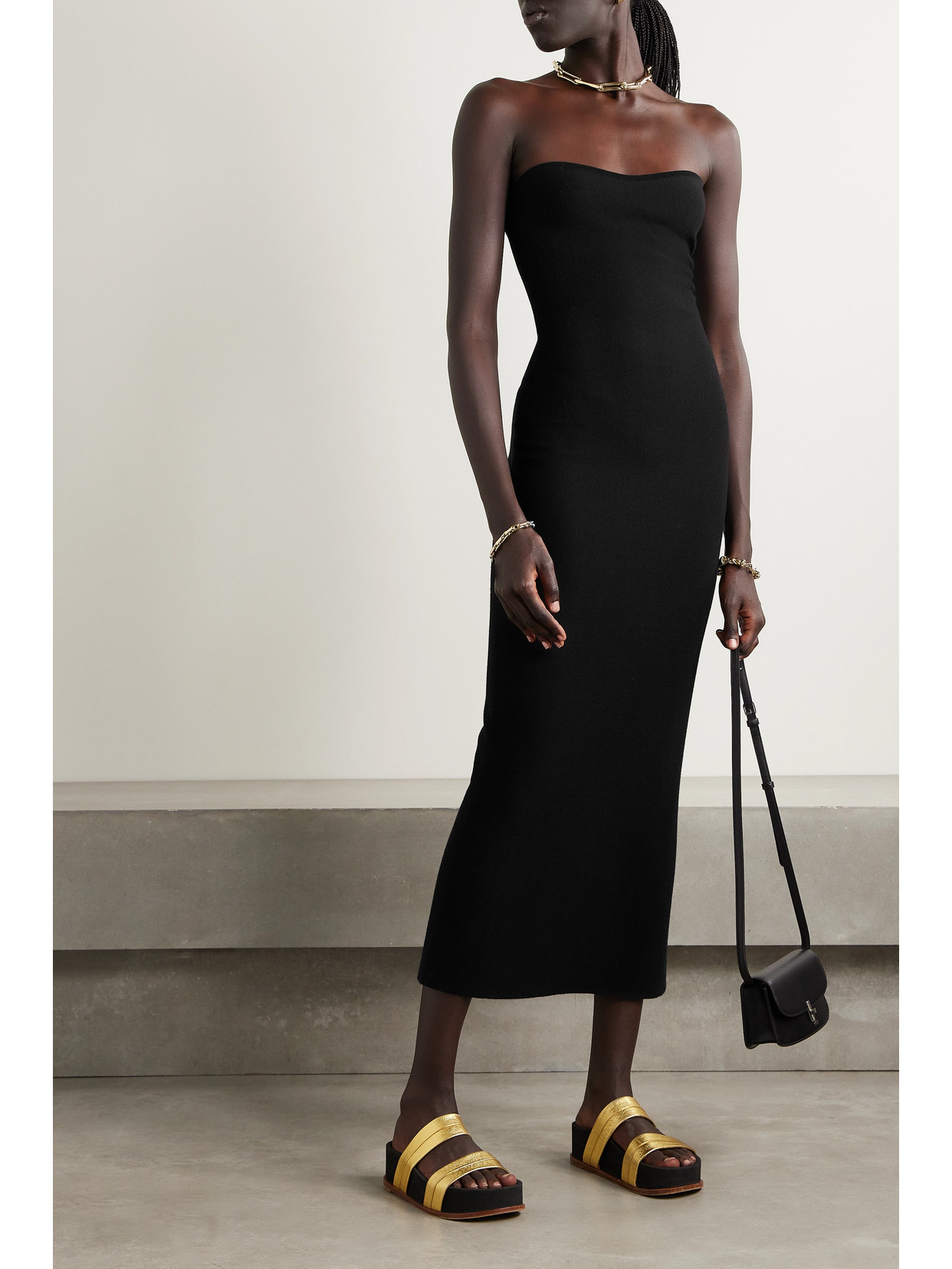 Shop Gabriela Hearst Calderon Strapless Merino Wool And Cashmere-blend Midi Dress In Black