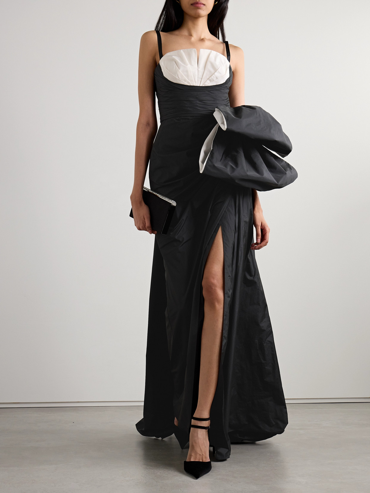 Shop Zuhair Murad Bow-embellished Draped Silk-blend Taffeta Gown In Black