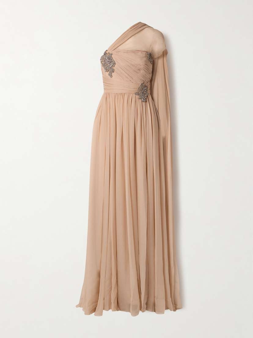 Zuhair Murad One-shoulder Crystal-embellished Gathered Pleated Silk-chiffon Gown