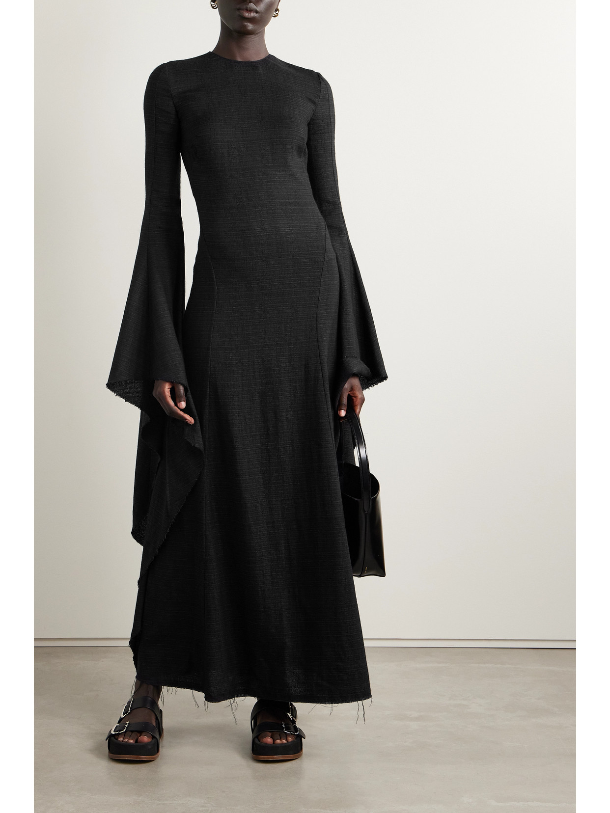 Shop Gabriela Hearst Sigrud Frayed Wool, Silk And Linen-blend Maxi Dress In Black