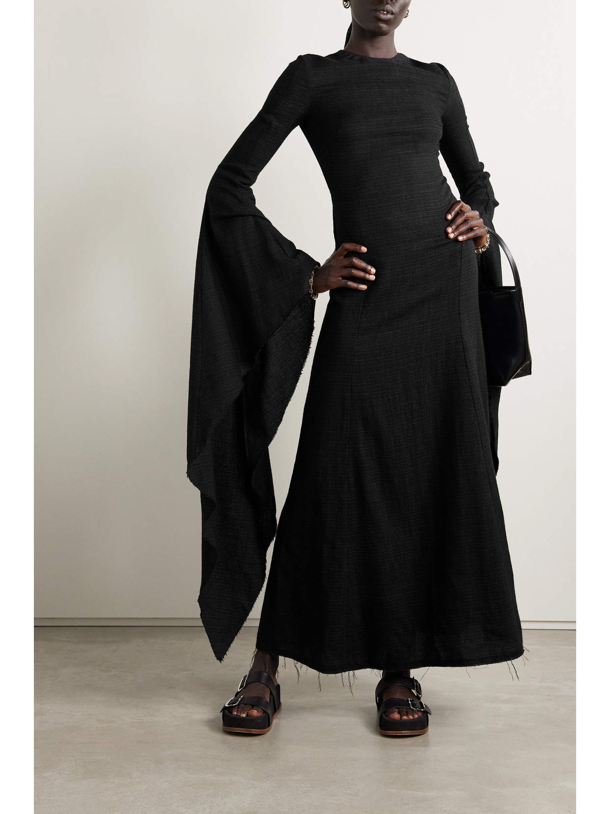 Shop Gabriela Hearst Sigrud Frayed Wool, Silk And Linen-blend Maxi Dress In Black