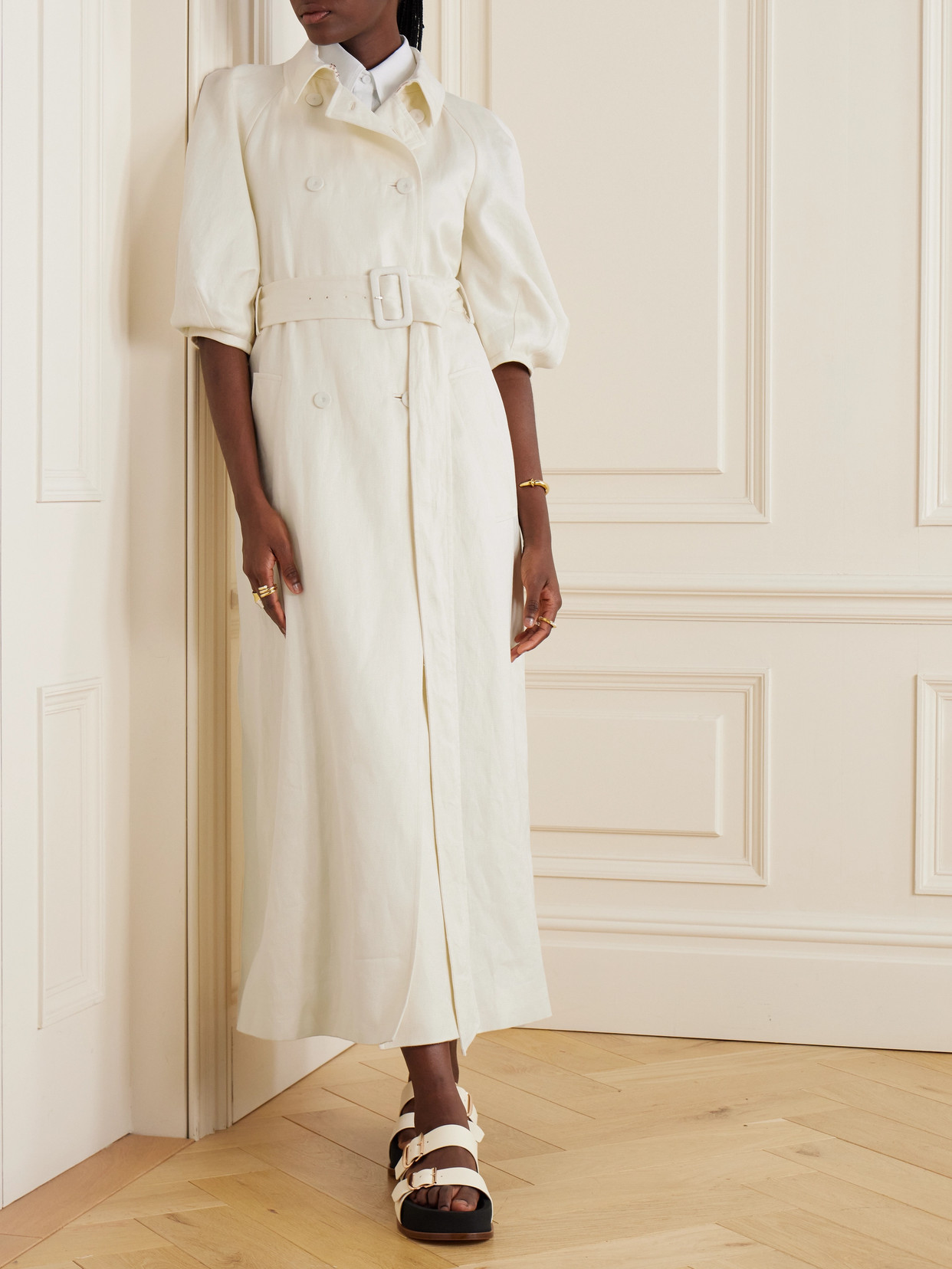 Shop Gabriela Hearst Iona Double-breasted Belted Linen Trench Coat In Ivory