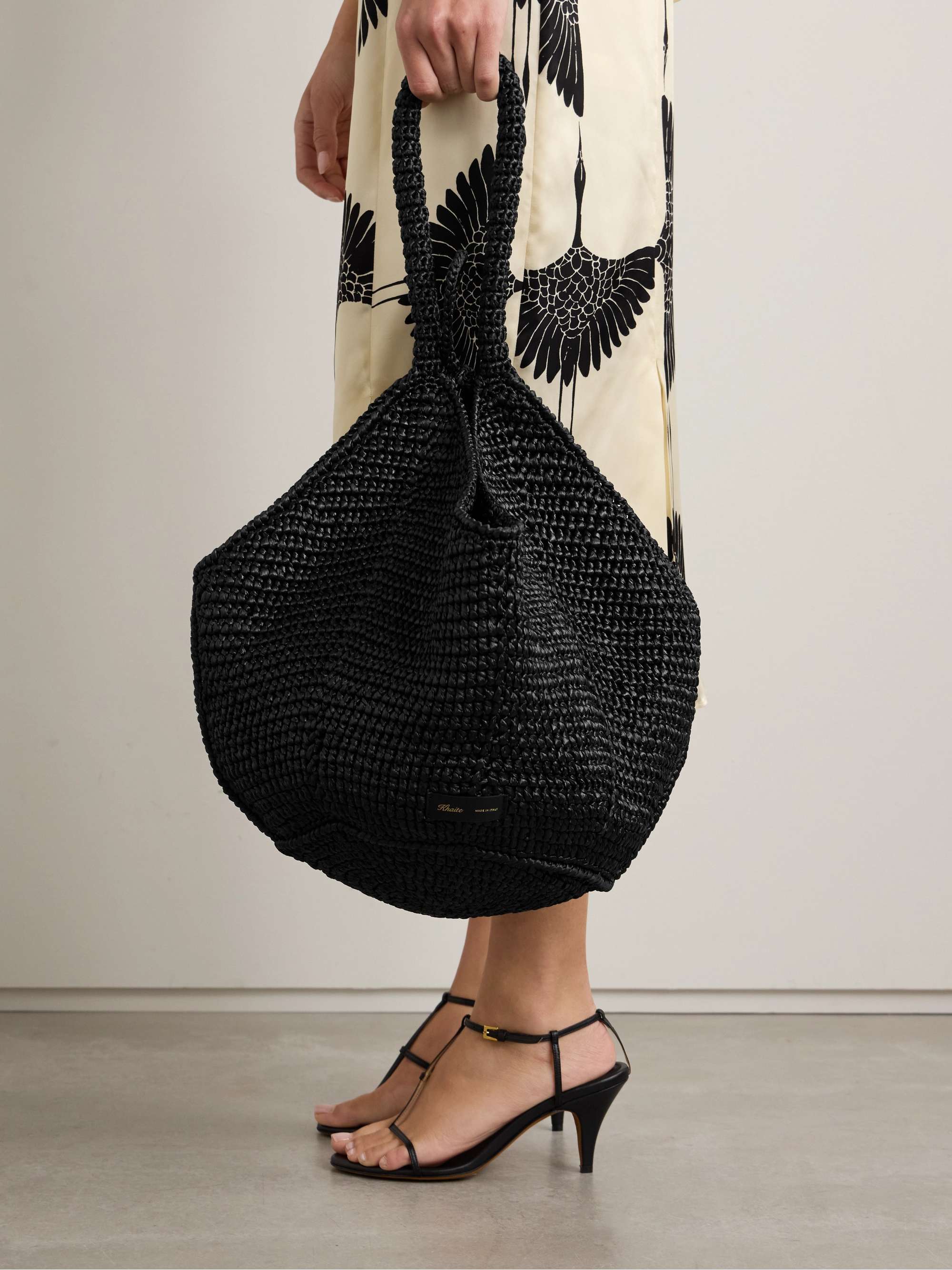 Khaite Lotus Medium raffia tote in black 